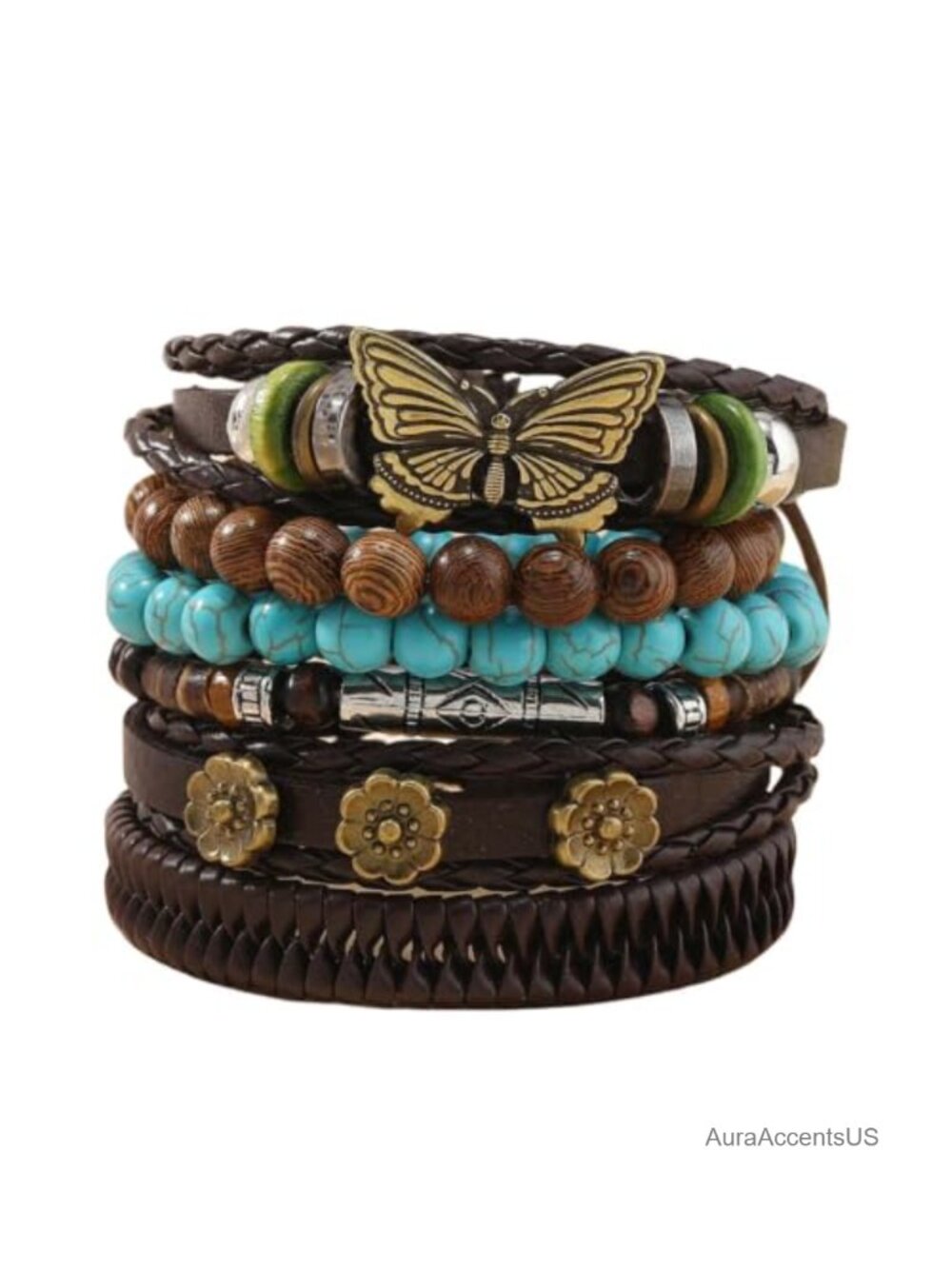 Boho Turquoise Beaded Leather Bracelets Multilayer Stackable Wrap Cuff Set